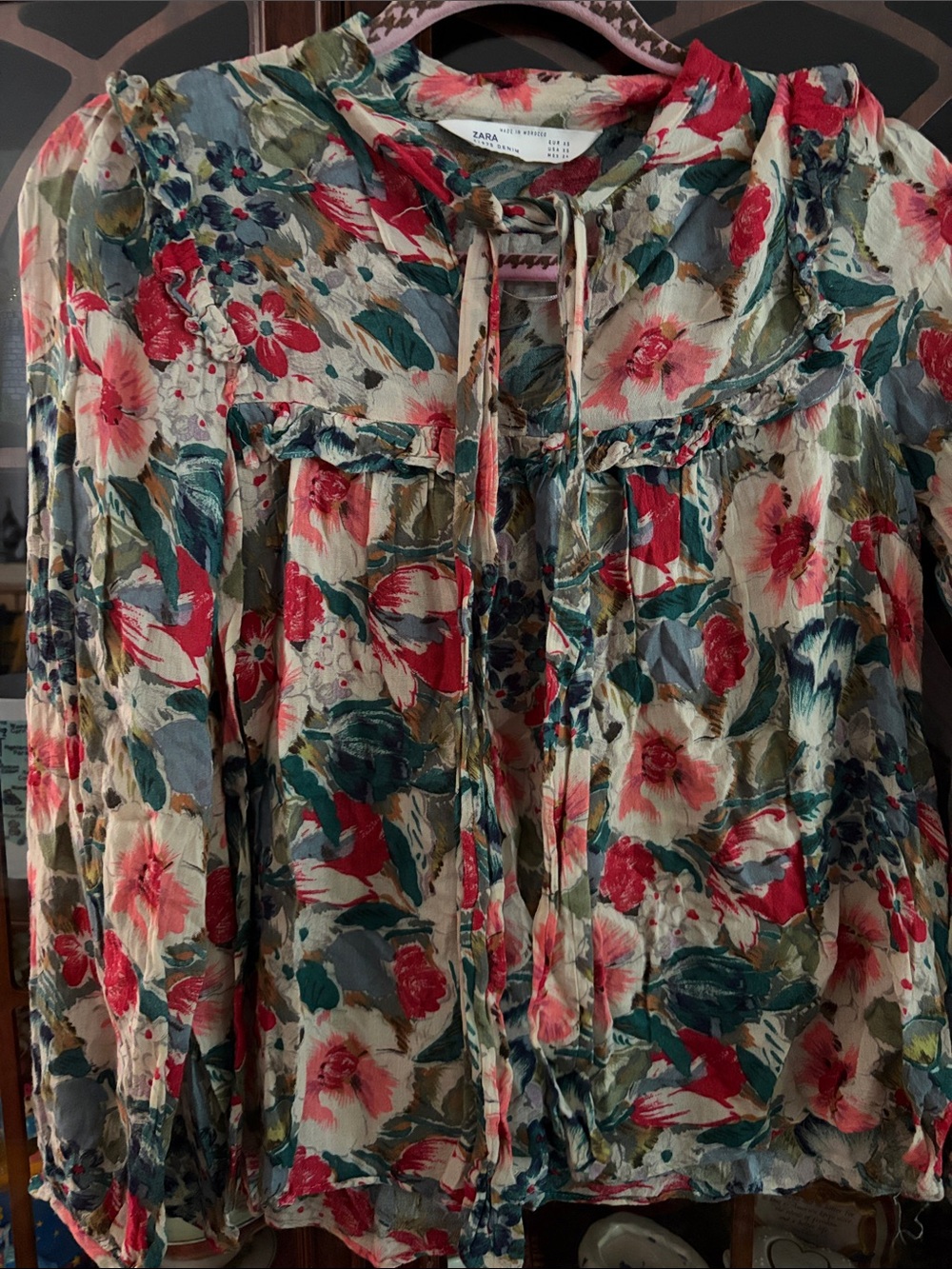 ZARA Cream Blouse with Red & Green Floral Print